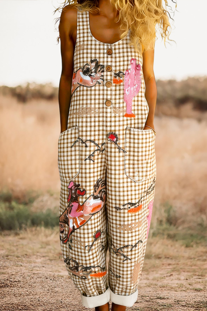 Vintage Western Plaid Print Sleeveless Overalls