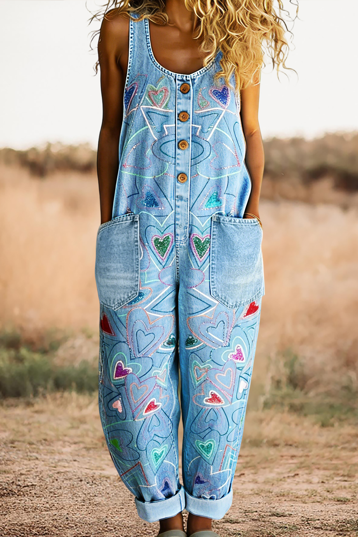 Classic Heart Print Sleeveless Overalls