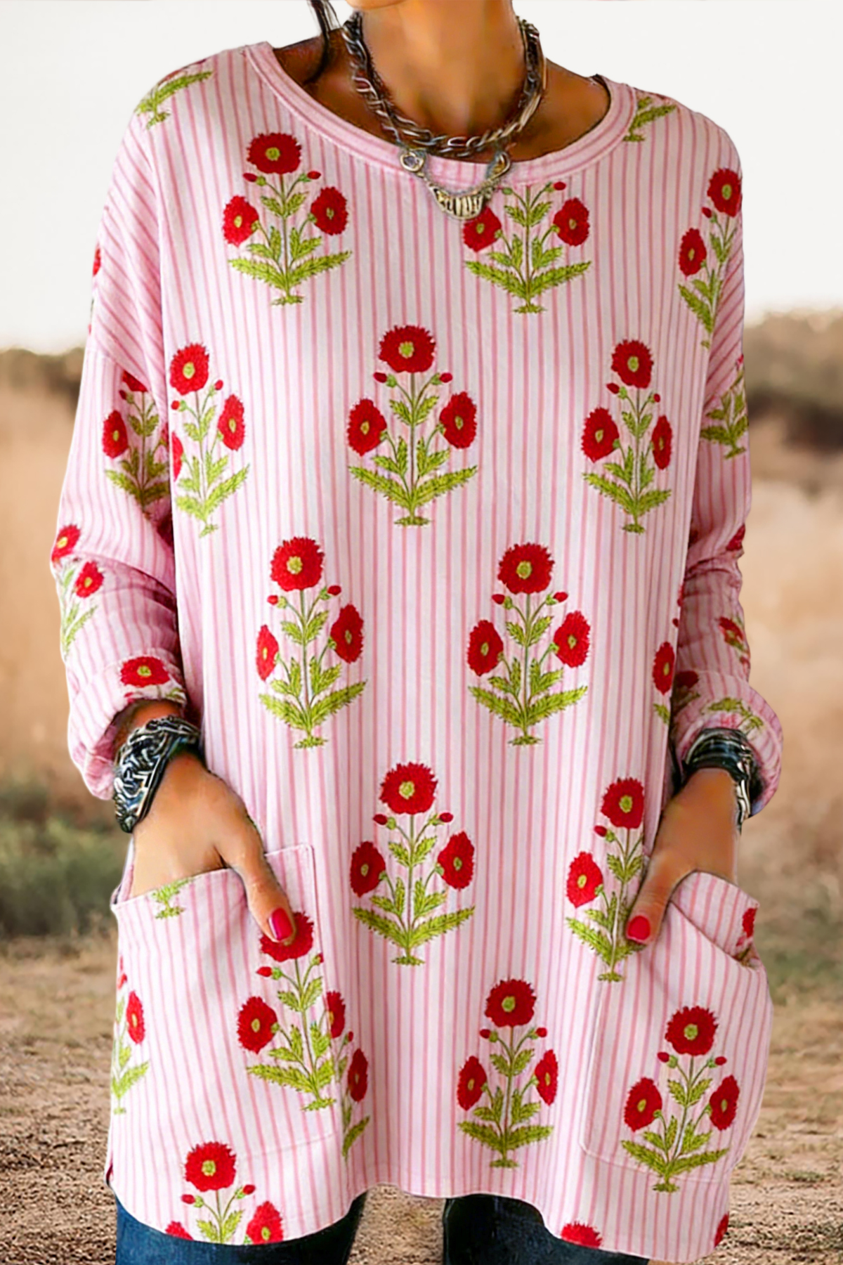 Sweet Striped Floral Pocket Cotton T-Shirt