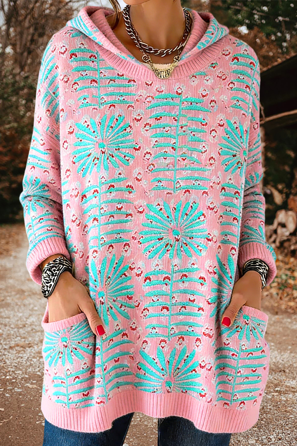 Floral Leopard Print Hooded Sweater