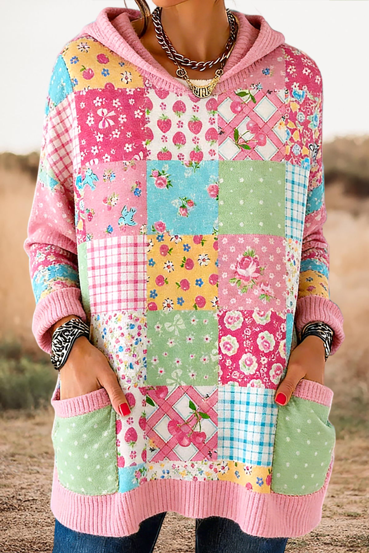 Sweet Floral Patchwork Hooded Sweater