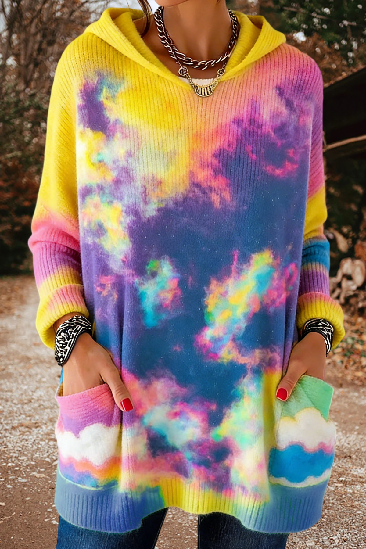Unique Nebula Gradient Print Hooded Sweater