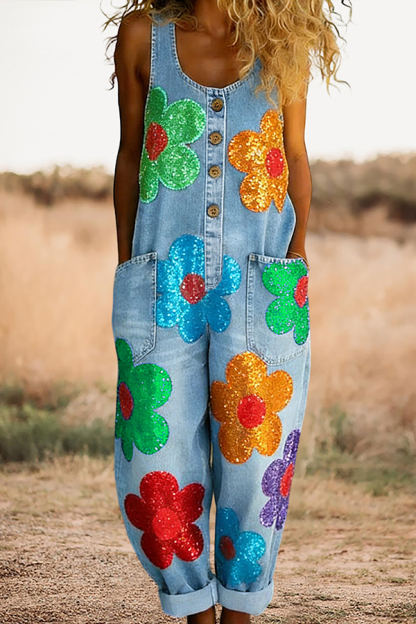 Cute Floral Sleeveless Overalls