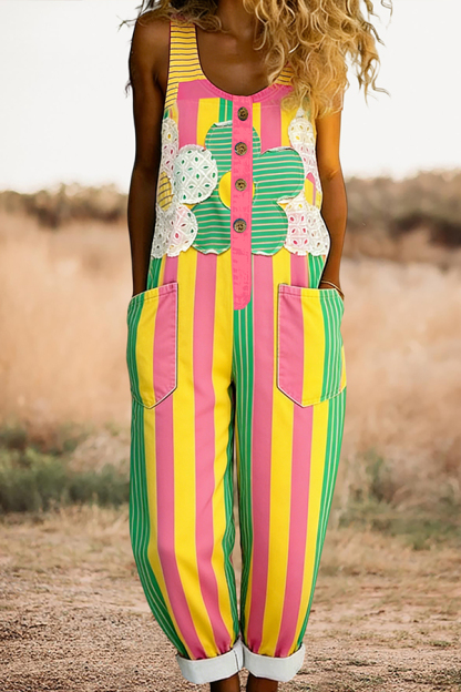 Floral Stripe Sleeveless Overalls