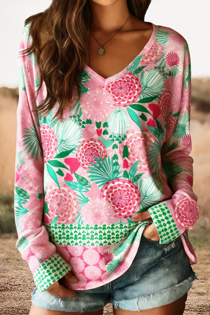 Fresh Floral Printed V-Neck Cotton T-Shirt