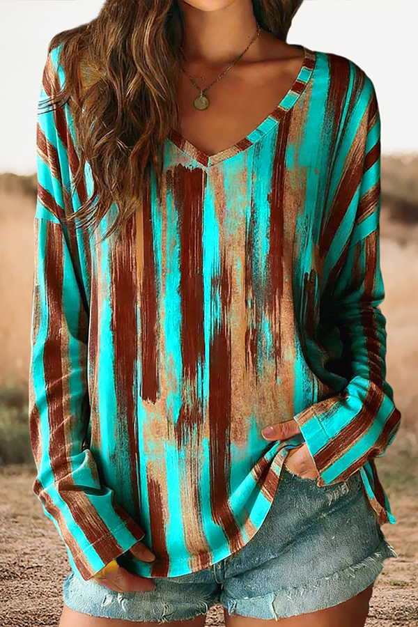 Vintage Print V-Neck Cotton T-Shirt