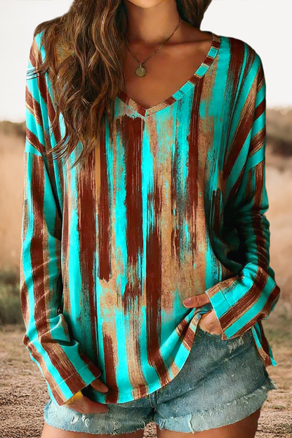 Vintage Print V-Neck Cotton T-Shirt