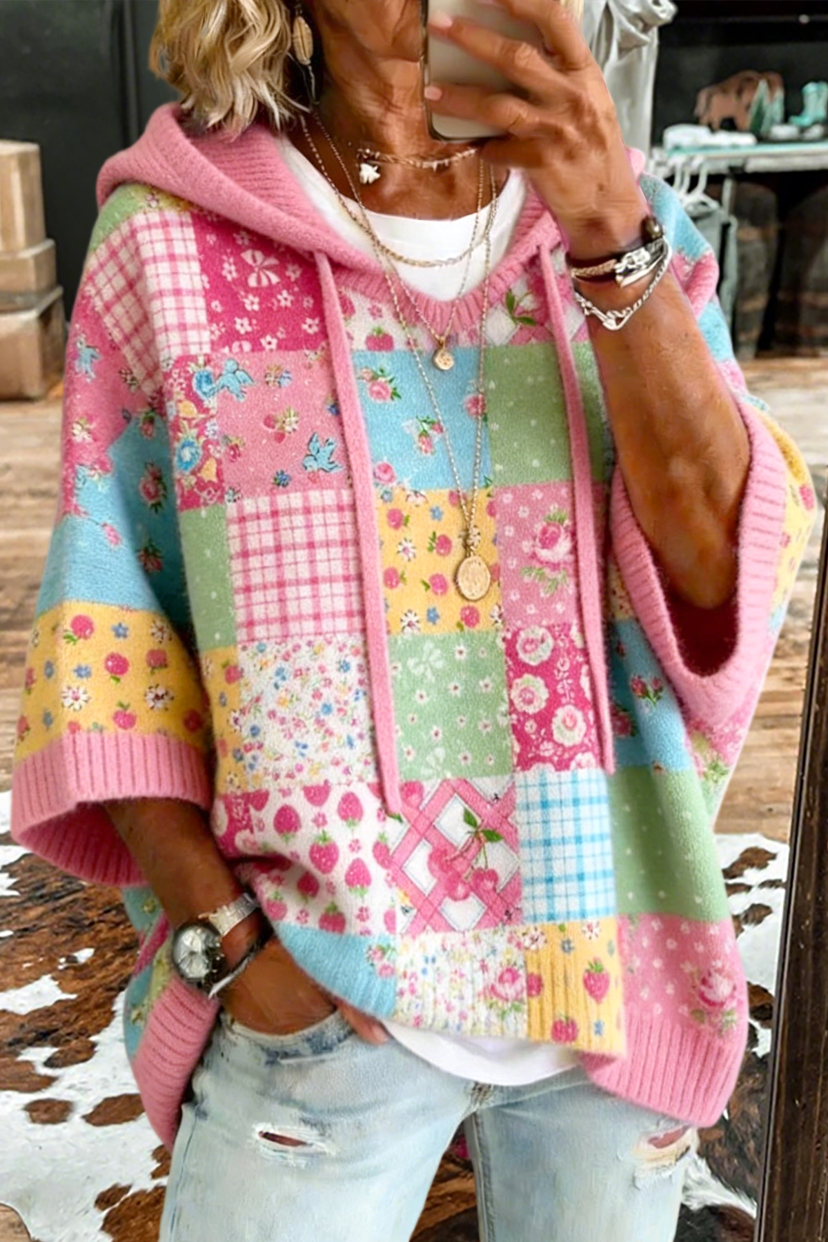 Sweet Floral Patchwork Hooded Sweater