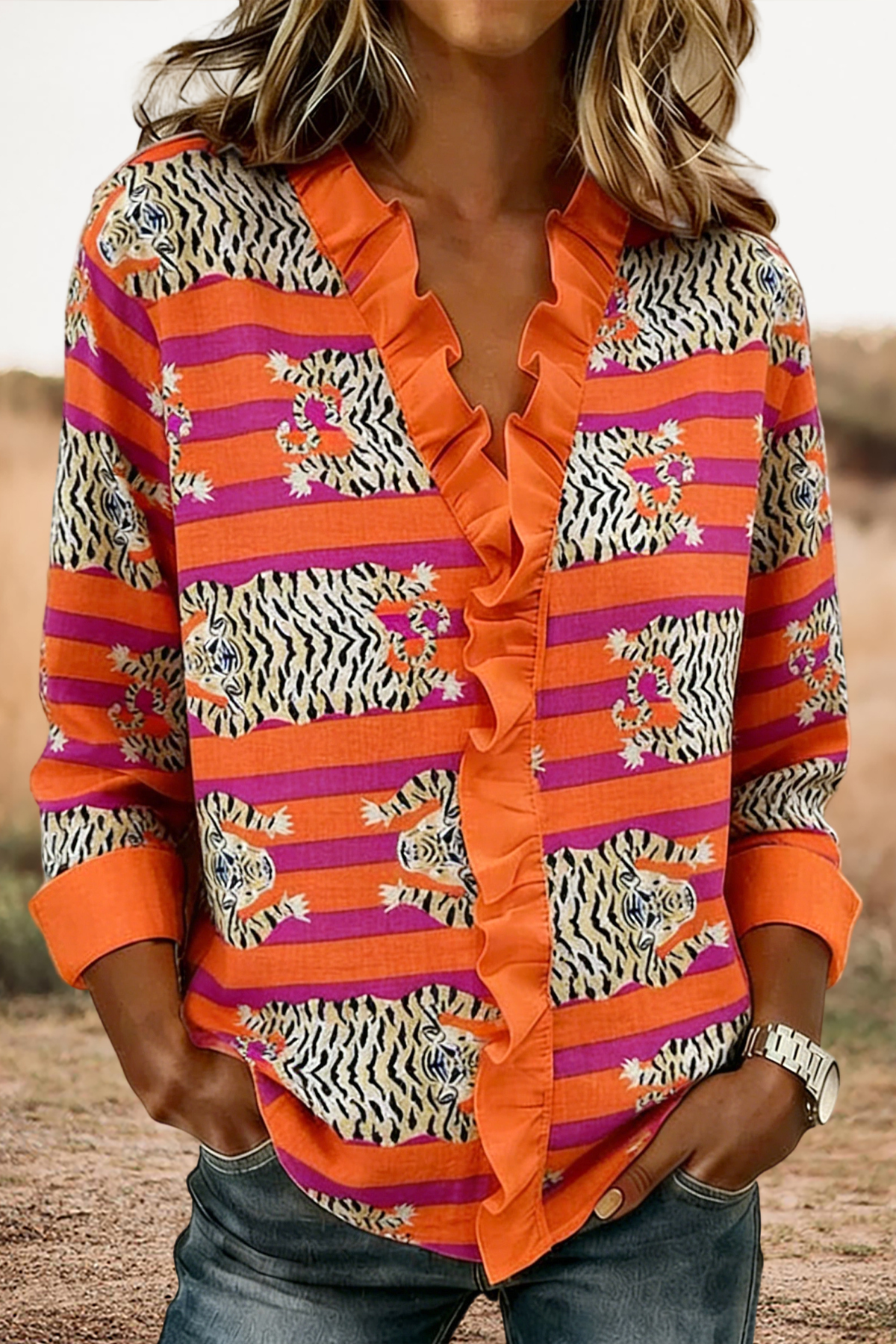 Women's blouse | Retro Stripe Tiger Ruffle Linen Cotton Blouse |westernfeelings