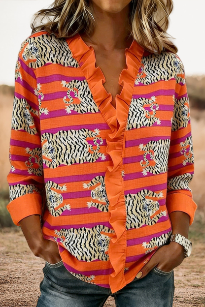 Retro Stripe Tiger Ruffle Linen Cotton Blouse