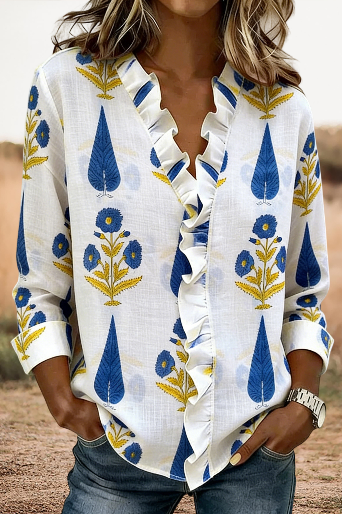 Women's blouse | Classic Floral Print Ruffle Linen Cotton Blouse |westernfeelings