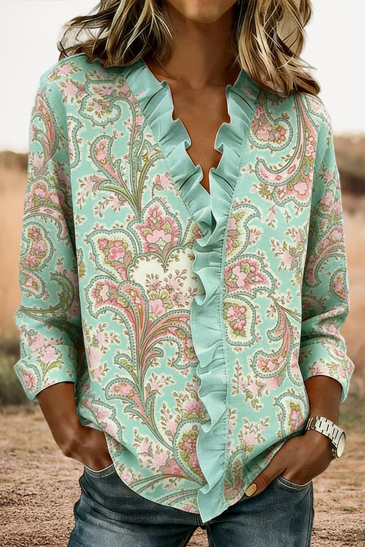 Fresh Floral Print Ruffle Linen Cotton Blouse