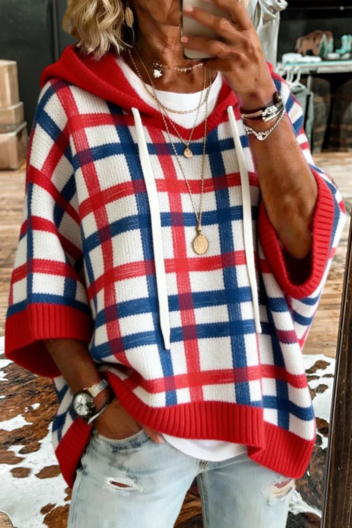 Women's sweater | USA Plaid Print Hooded Sweater |westernfeelings