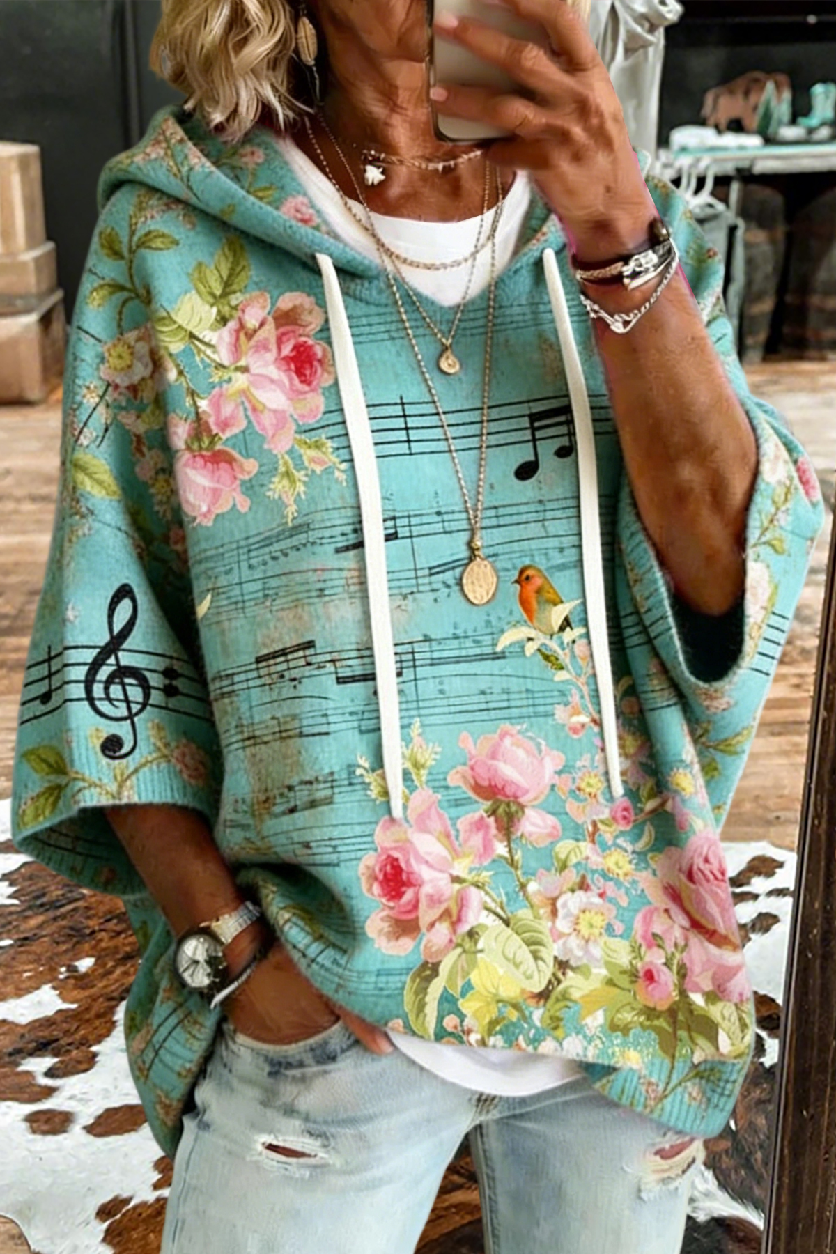Women's sweater | Fresh Floral Musical Note Print Hooded Sweater |westernfeelings