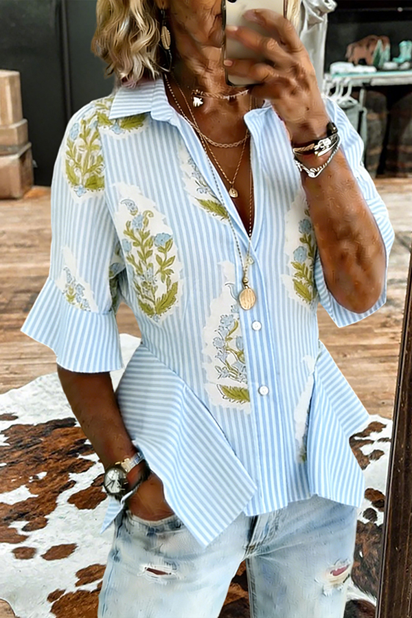 Fresh Stripe Floral Print Ruffle Blouse