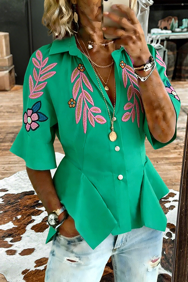 Floral Leaf Print Ruffle Blouse