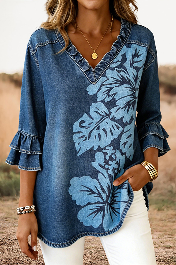 Classic Leaf Print Ruffle V-Neck Blouse