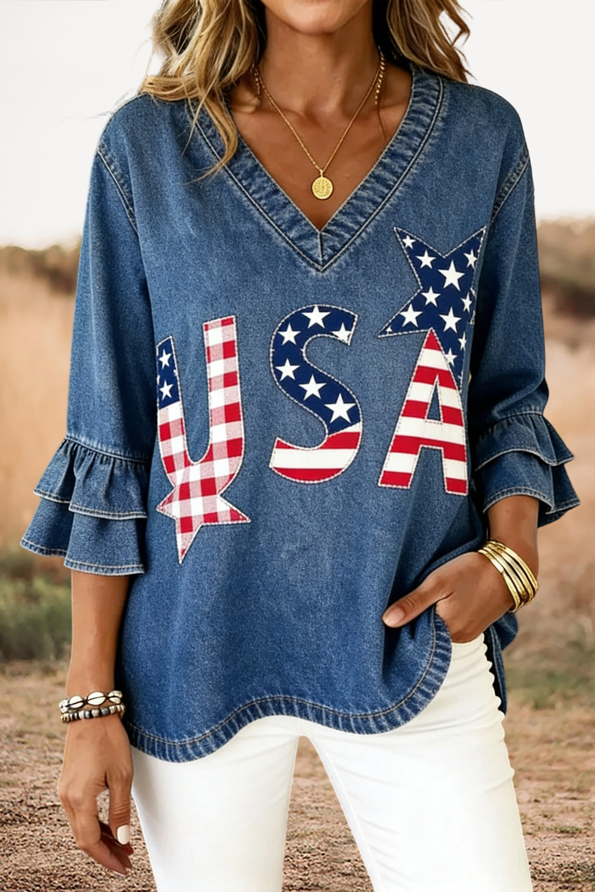 Classic USA Ruffle V-Neck Blouse