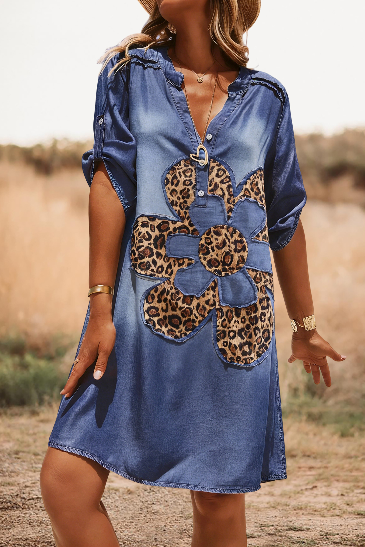 Casual Floral Leopard V-Neck Mini Dress