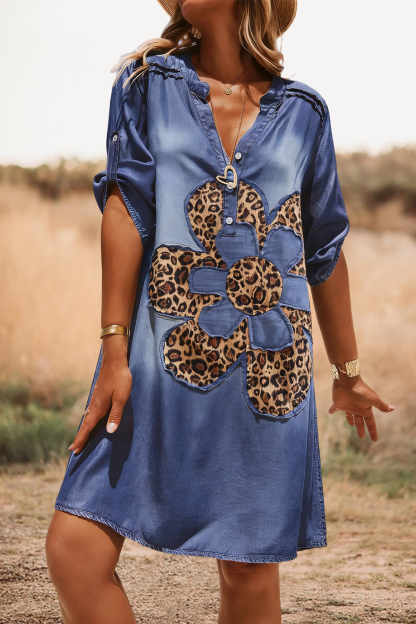 Casual Floral Leopard V-Neck Mini Dress