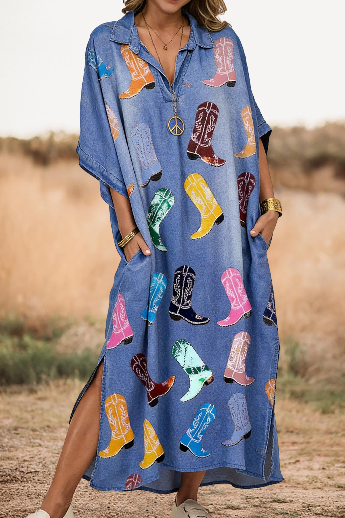 Women's dress | Western Boot Print Slit Maxi Dress |westernfeelings