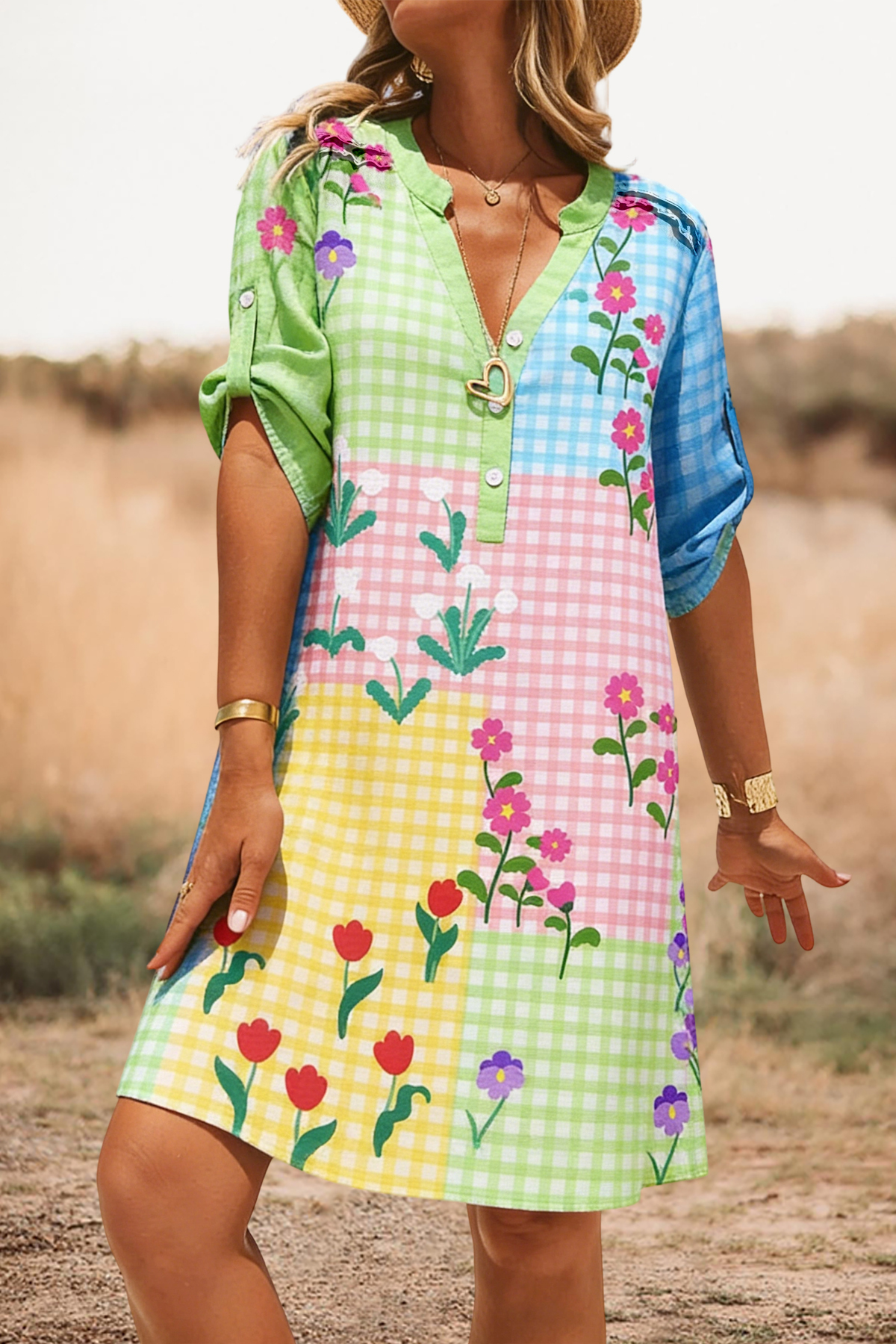 Women's dress | Cute Plaid Floral Print V-Neck Mini Dress |westernfeelings