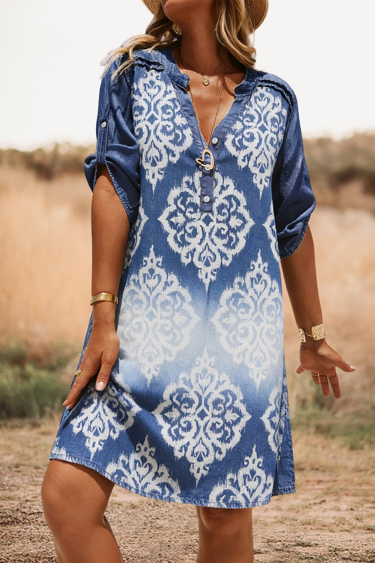 Casual Geometric Print V-Neck Mini Dress