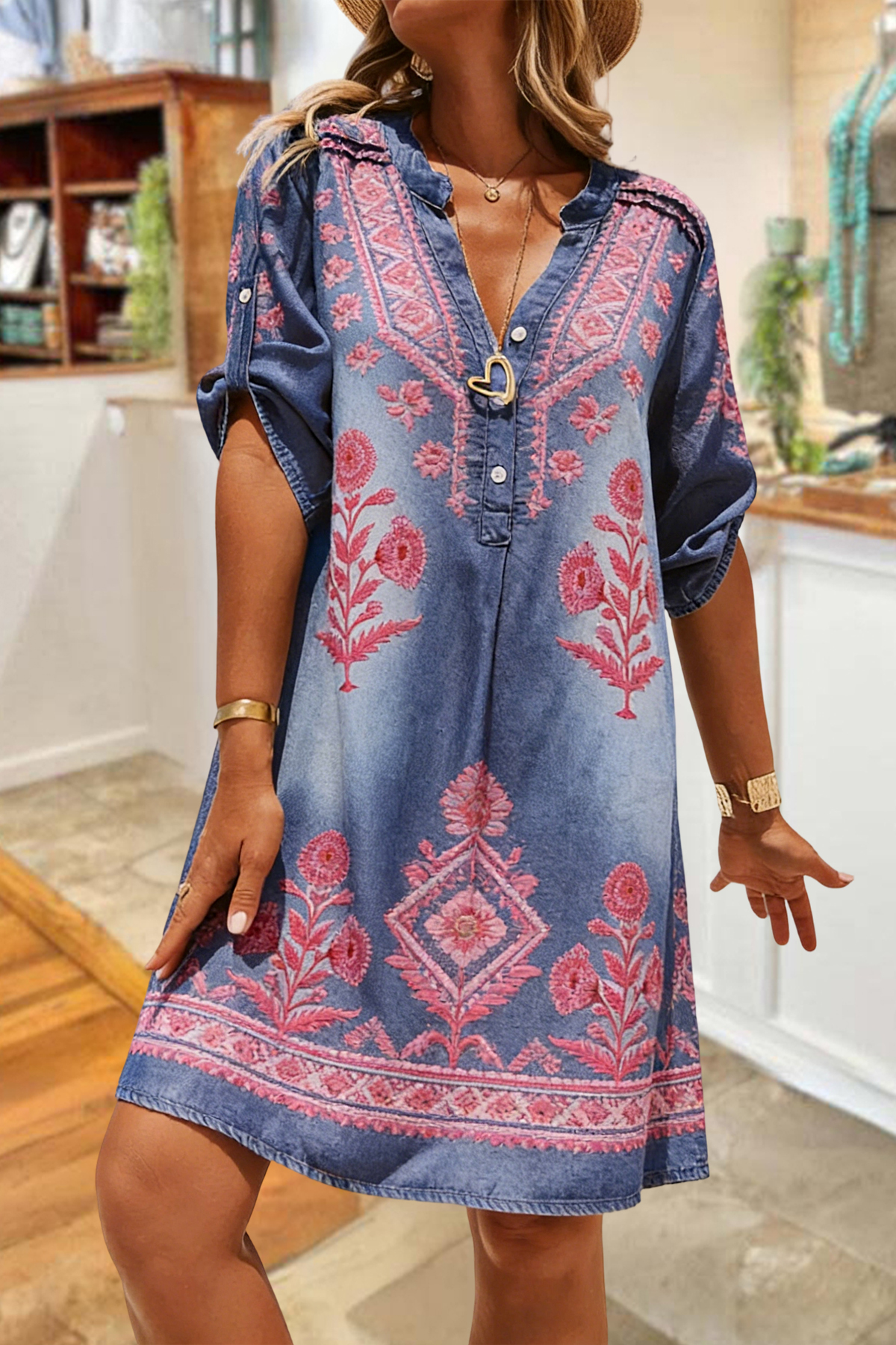 Casual Floral Print V-Neck Mini Dress