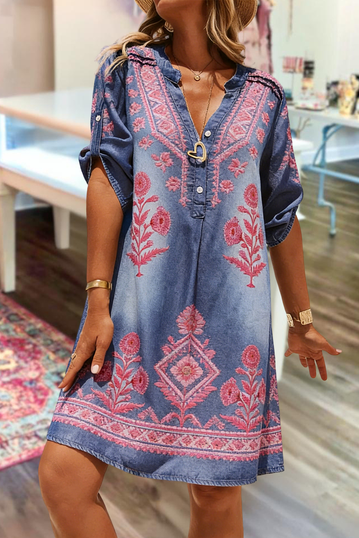 Casual Floral Print V-Neck Mini Dress