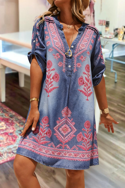 Casual Floral Print V-Neck Mini Dress