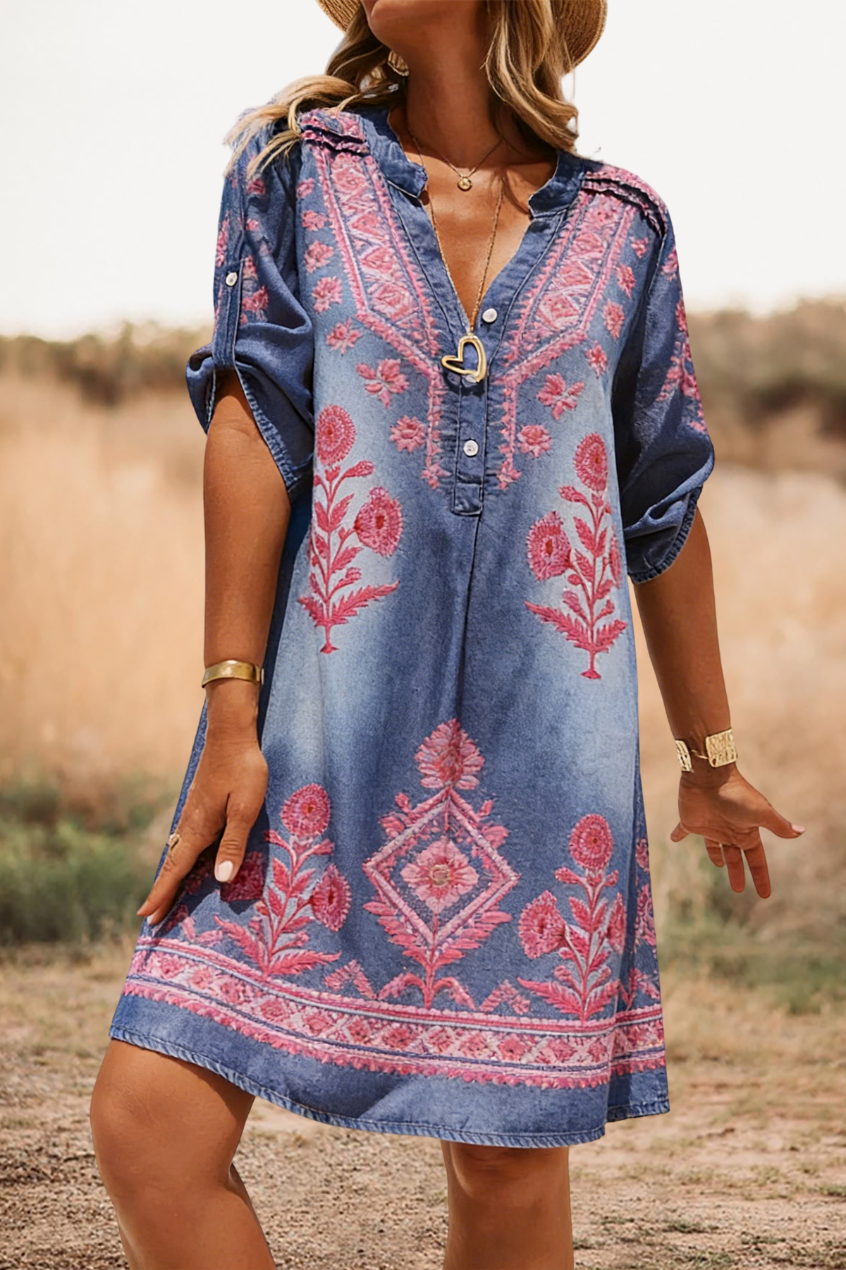 Casual Floral Print V-Neck Mini Dress