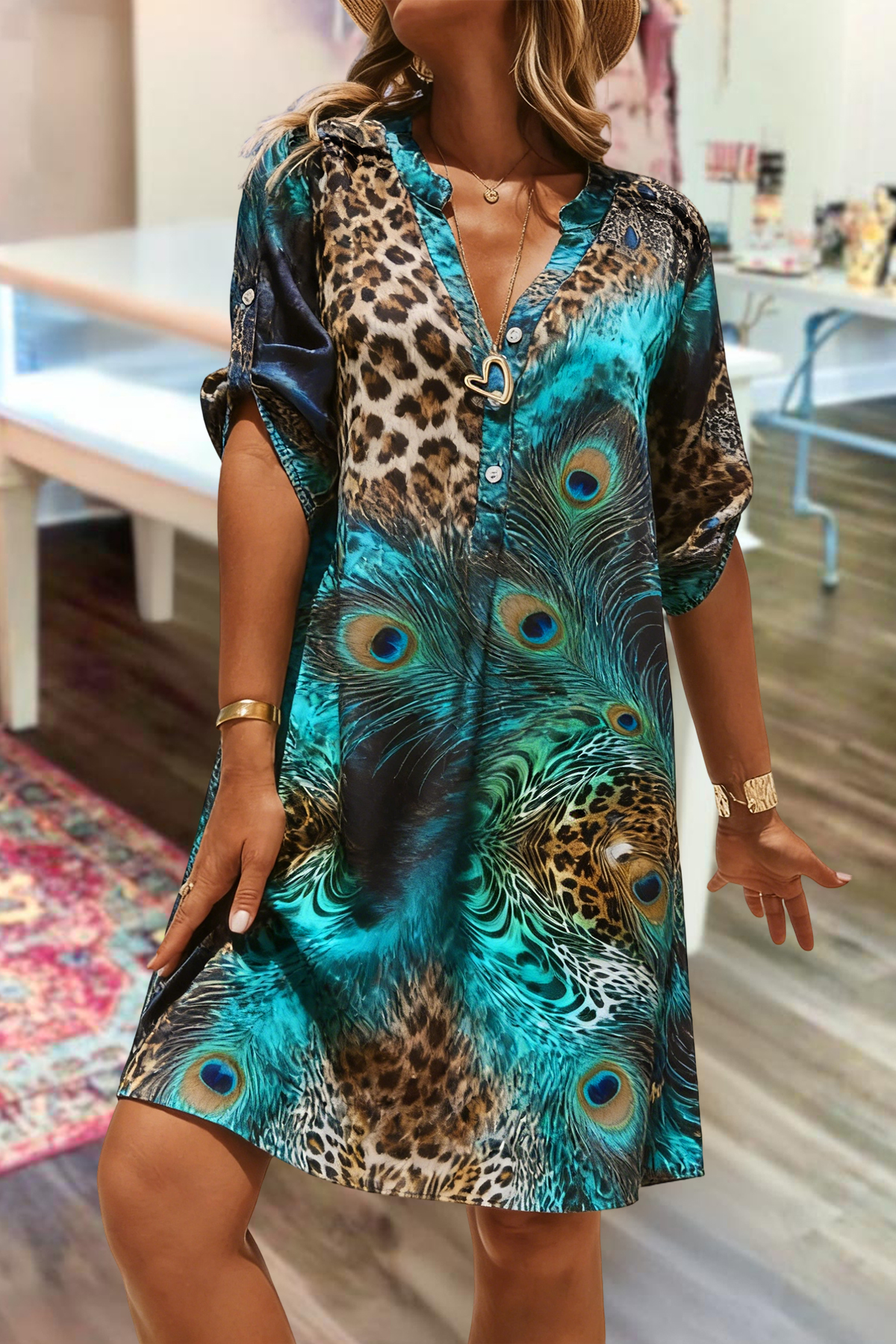 Vintage Leopard Feather Print V-Neck Mini Dress