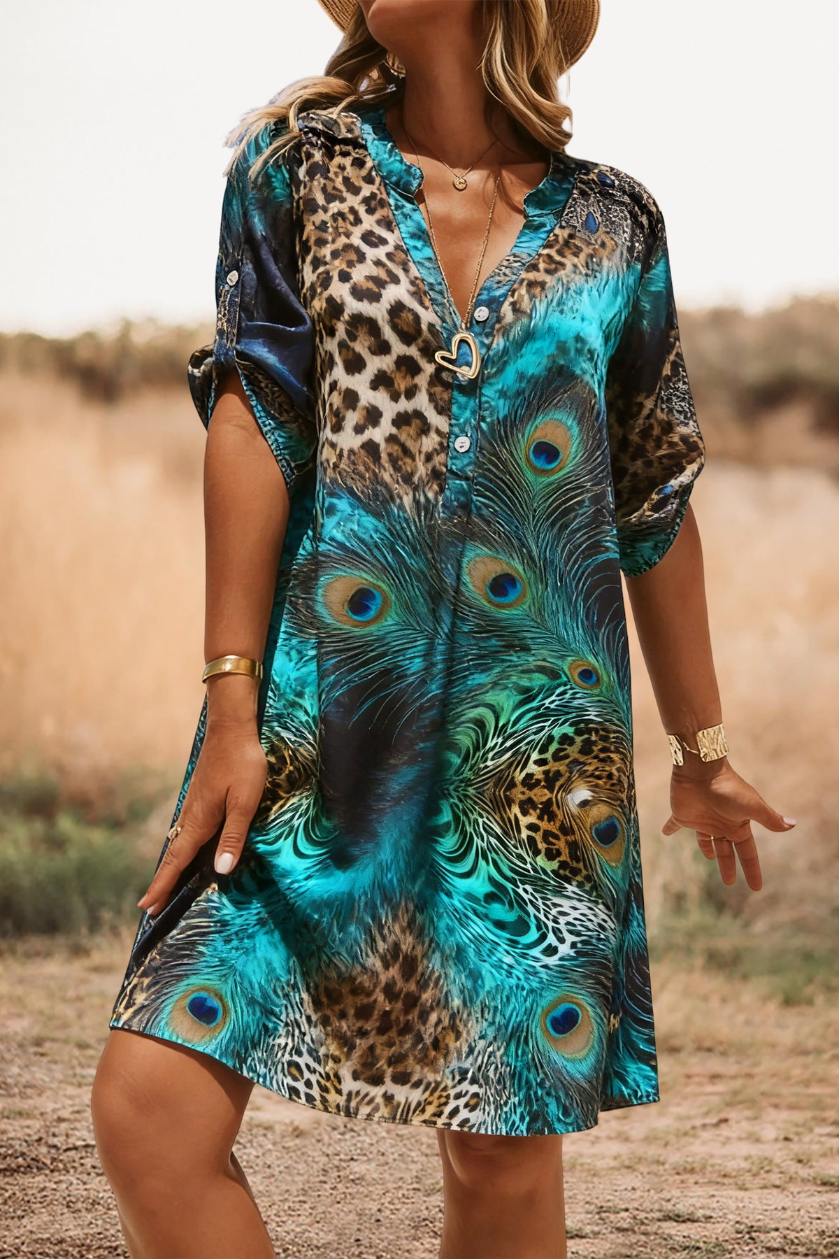 Vintage Leopard Feather Print V-Neck Mini Dress