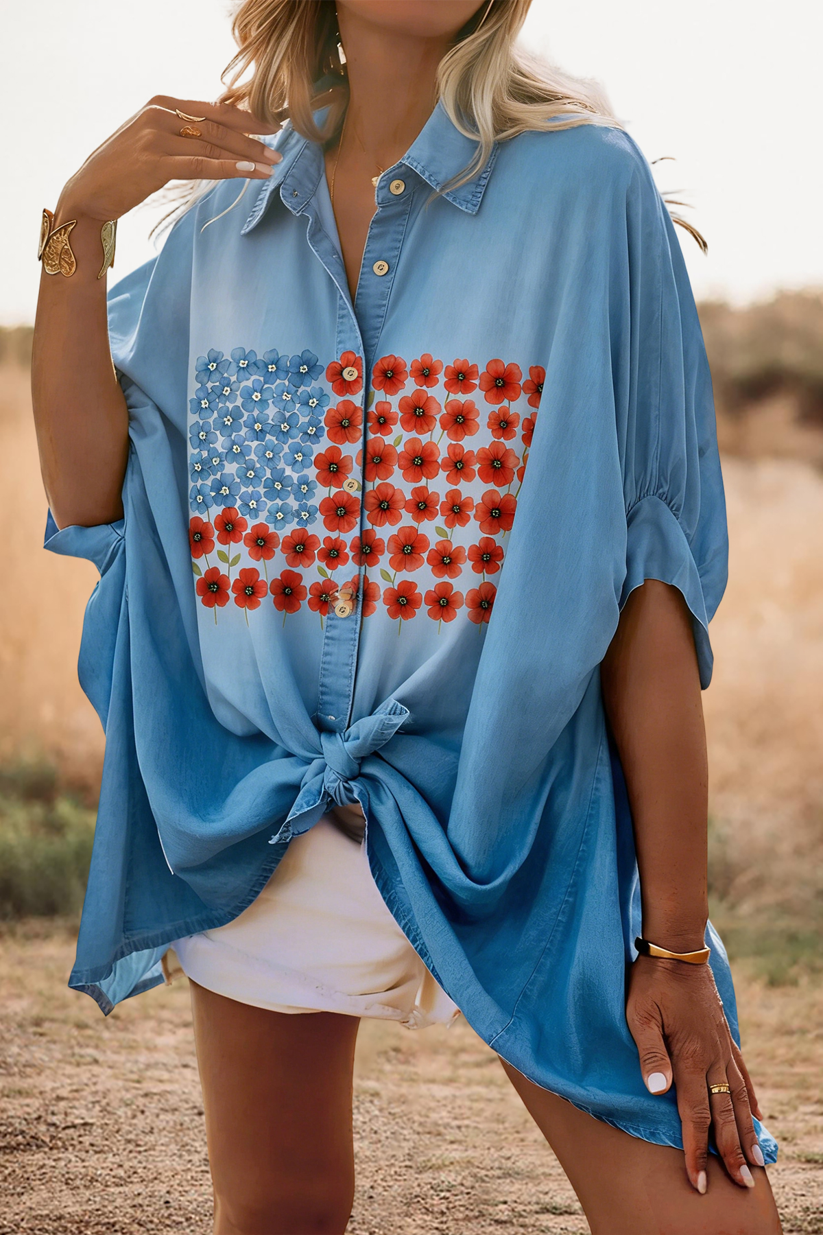 USA Star Stripes Print Batwing Sleeve Loose Shirt