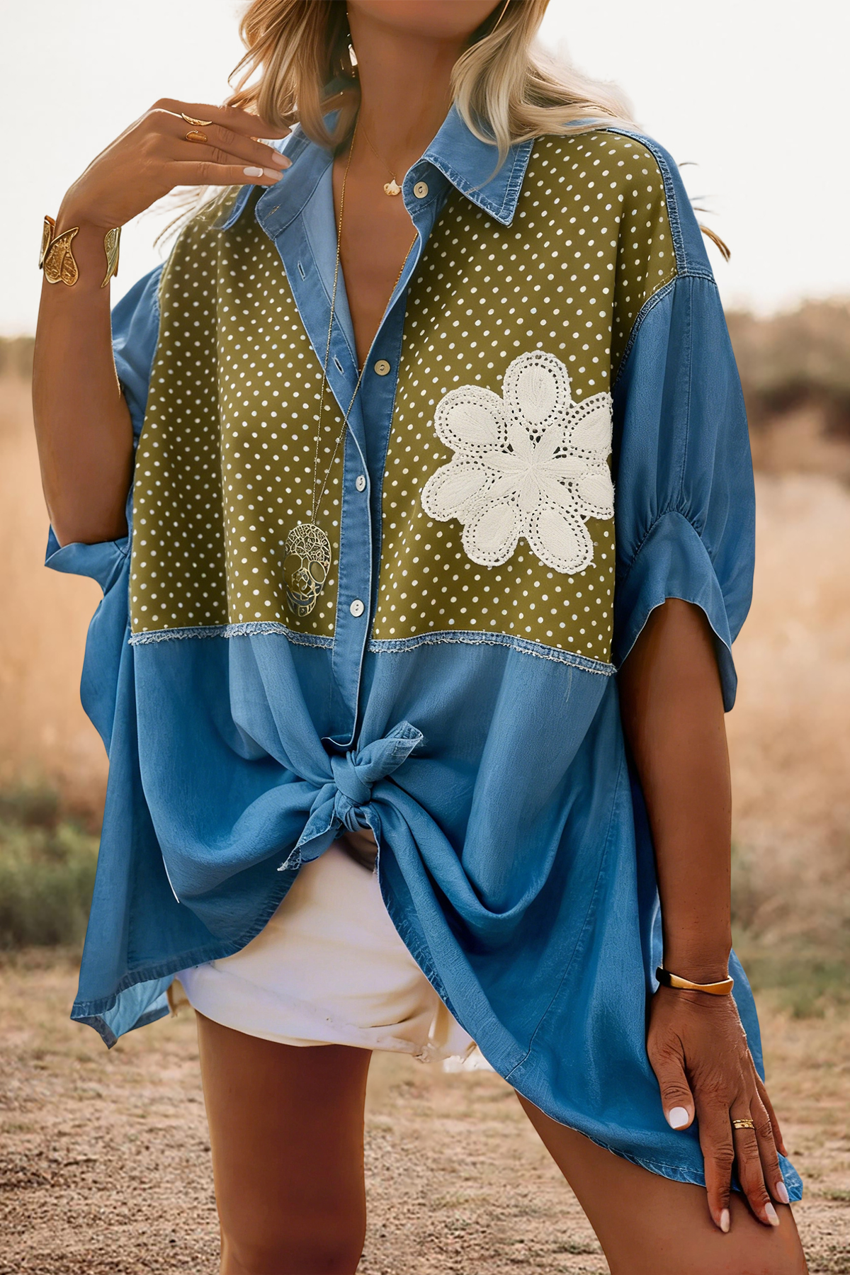 Floral Polka Dot Print Batwing Sleeve Loose Shirt