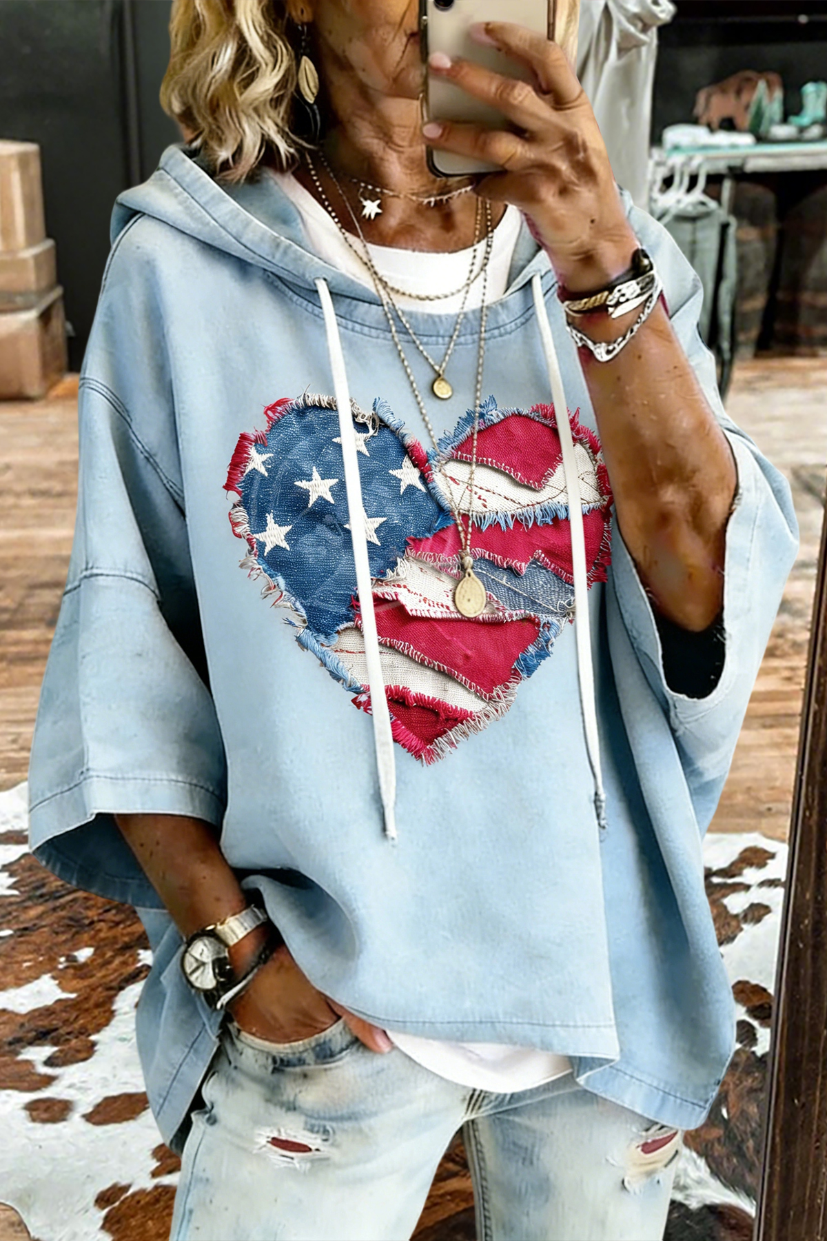 USA Star Stripes Heart Print Hoodie