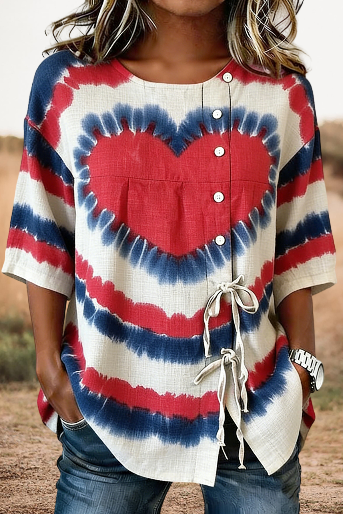 USA Heart Print Lace-Up Blouse
