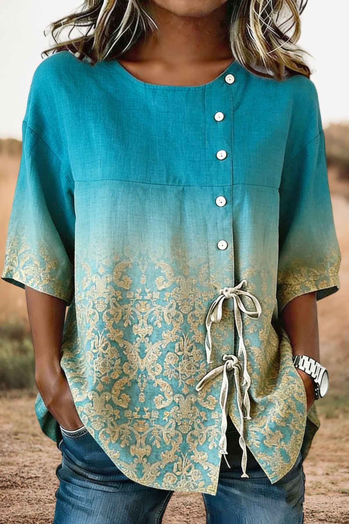 Gradient Print Lace-Up Blouse