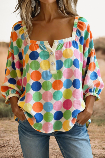 Cute Floral Plaid Print Square Neck Blouse