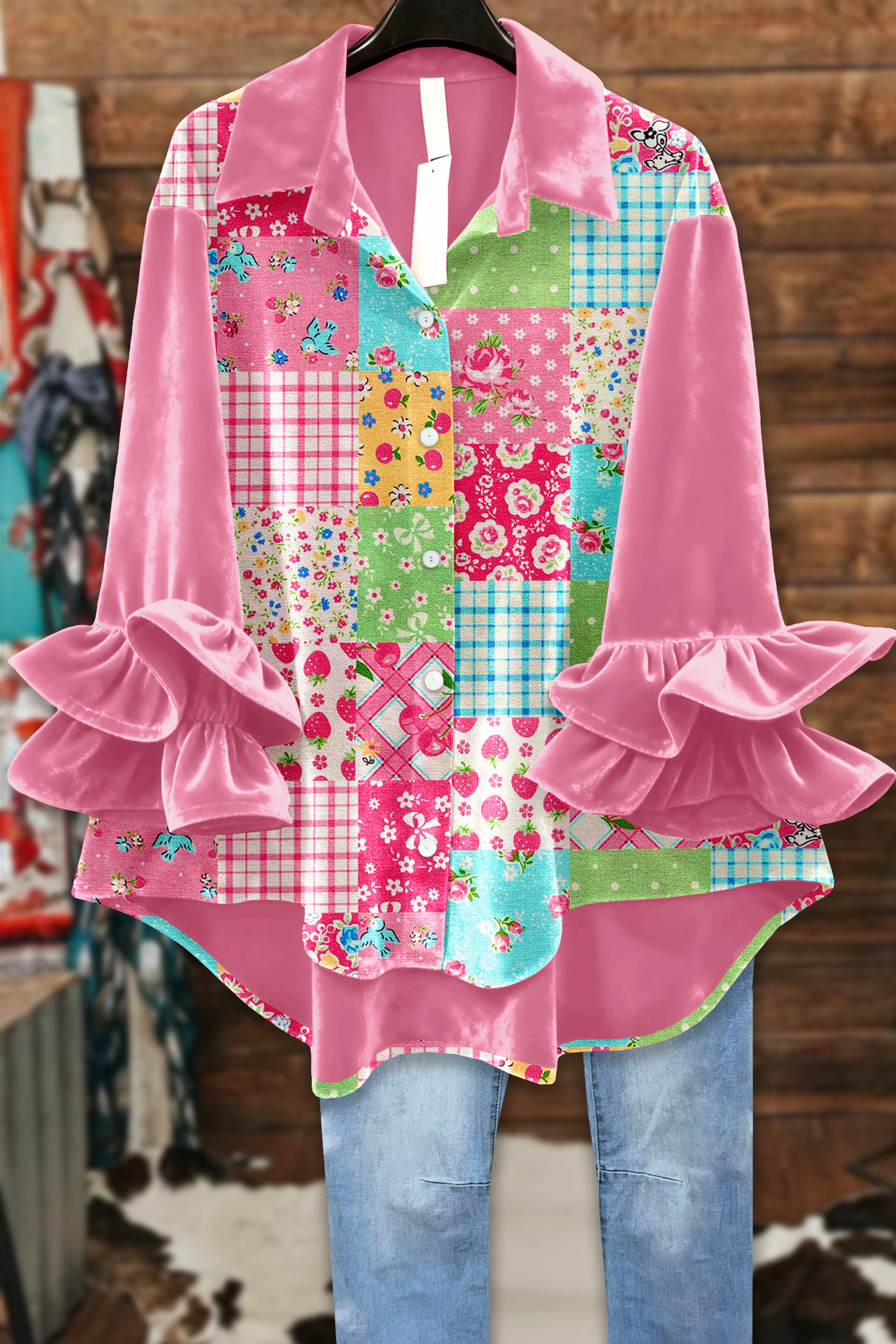 Sweet Floral Patchwork Ruffle Velvet Blouse