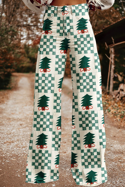 Christmas Tree Checkered Wide-Leg Pants