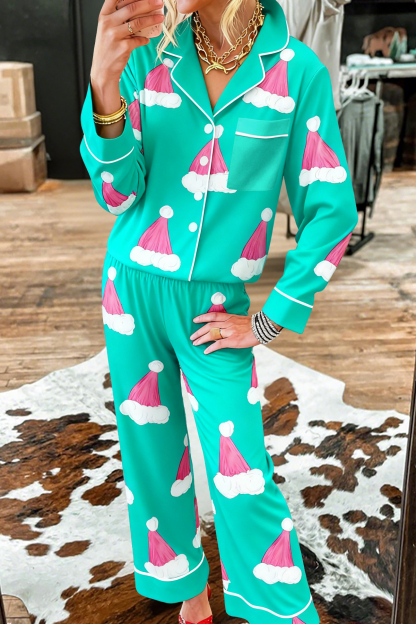 Cute Santa Hat Top and Pants Pajama Set