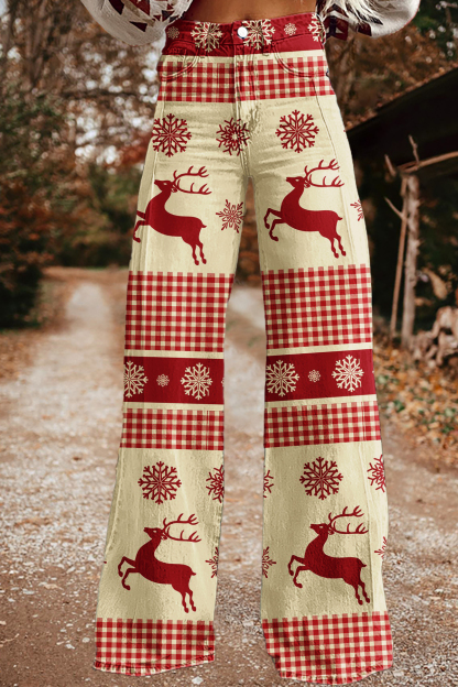 Classic Christmas Reindeer Wide-Leg Pants