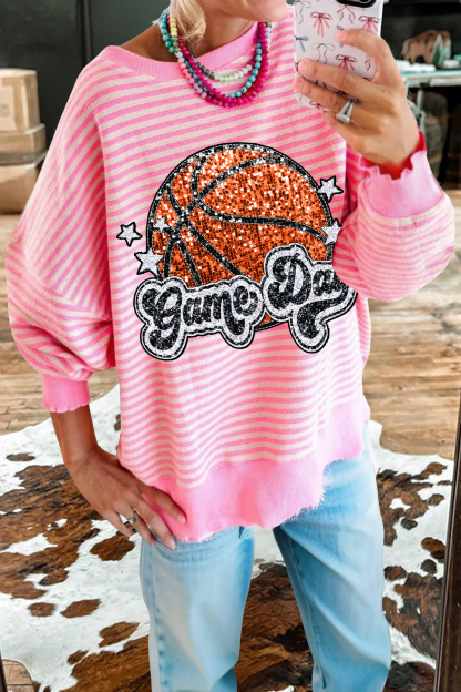 Basketball Game Day Striped Sweatshirt