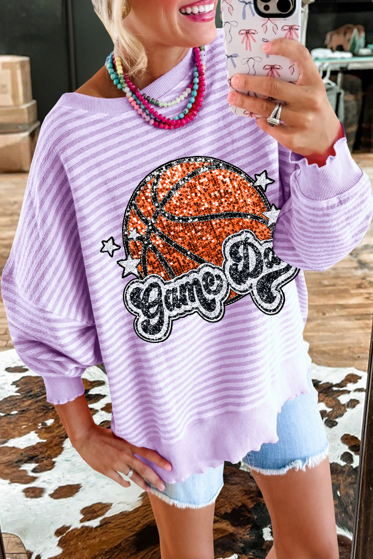 Basketball Game Day Striped Sweatshirt