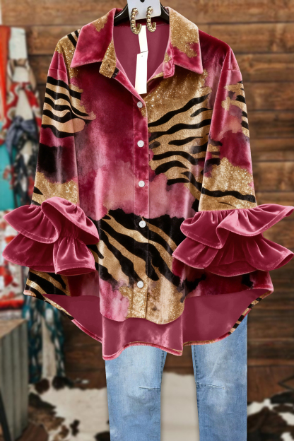 Classic Zebra-print Ruffled Velvet Blouse
