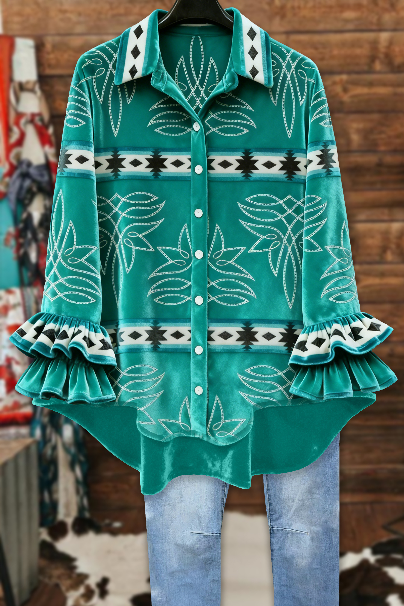 Western Boot Stitch Aztec Ruffled Velvet Blouse