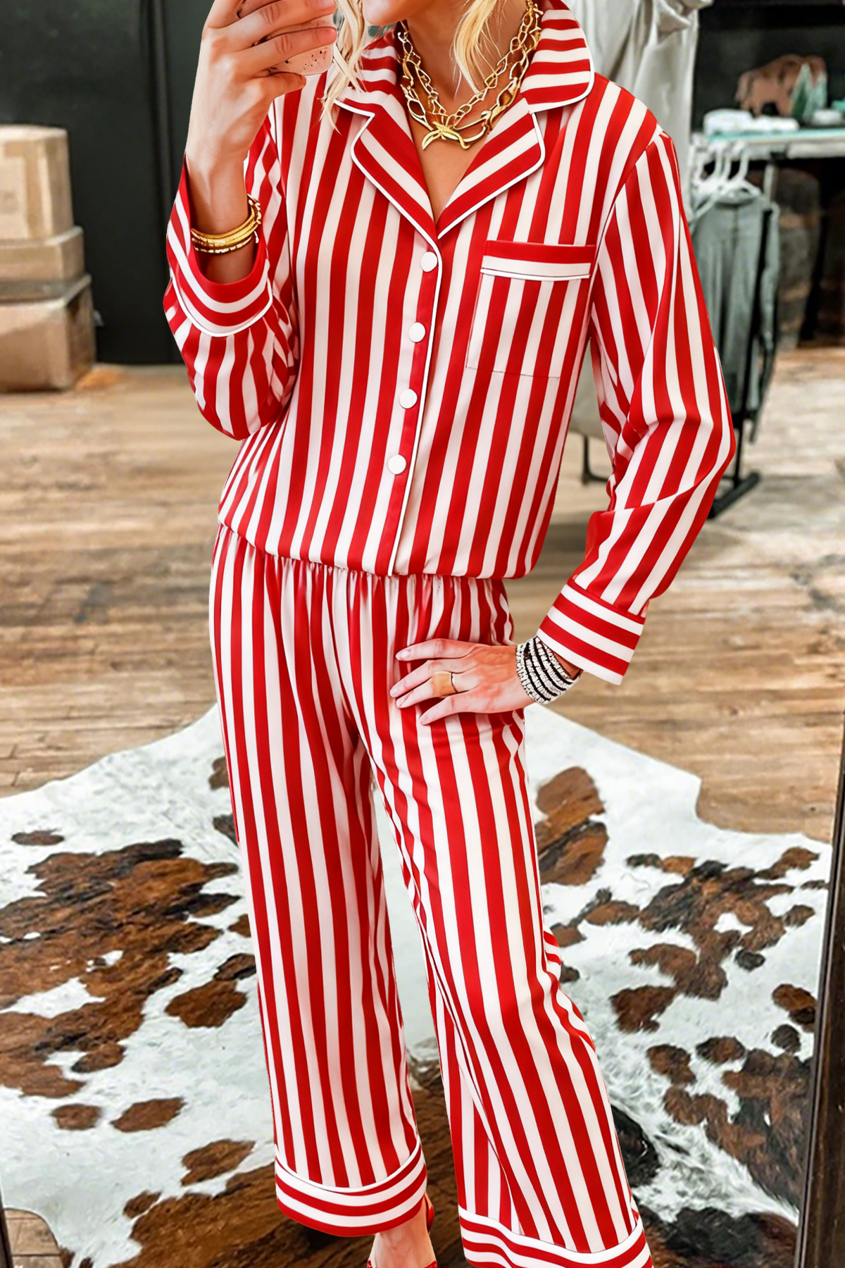 Christmas Striped Print Top and Pants Pajama Set