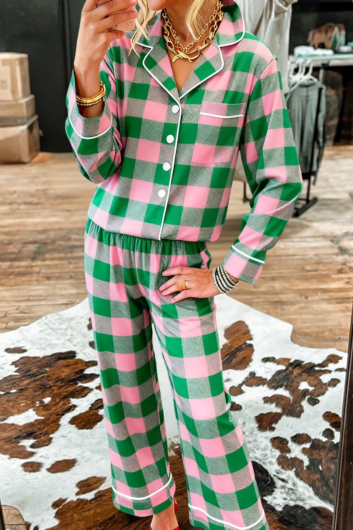 Christmas Plaid Print Top and Pants Pajama Set