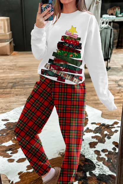 Christmas Tree Pattern Print Top and Pants Two-Piece Set